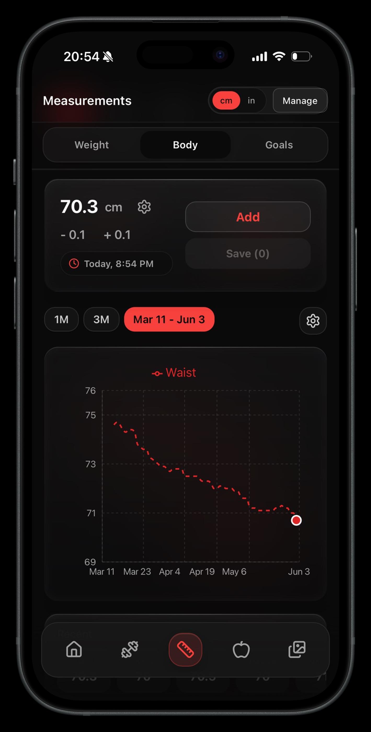 Body measurement trend chart in Ultrack