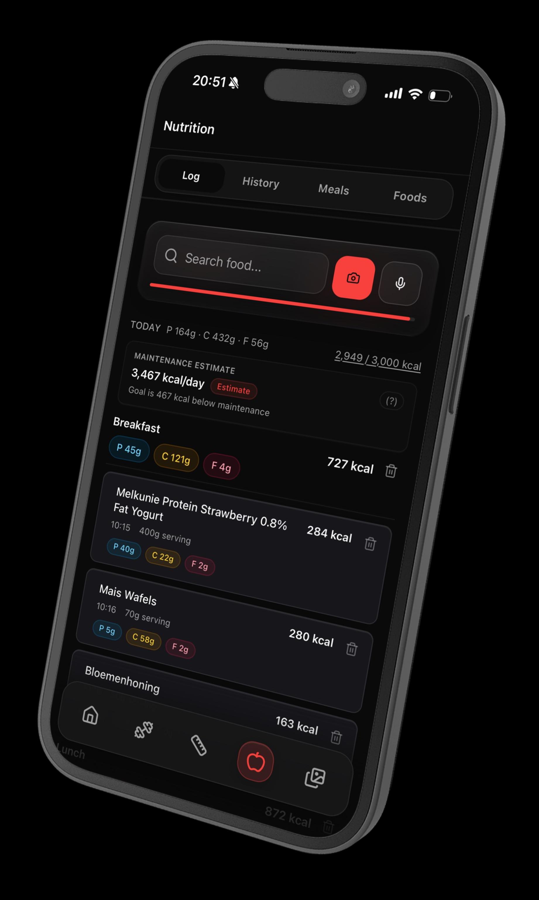 Nutrition log with barcode camera and voice logging