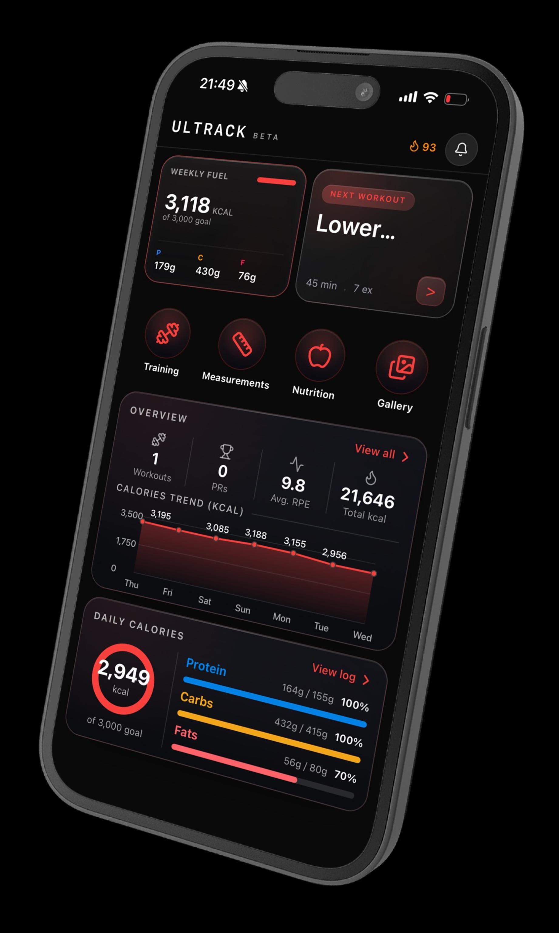 Ultrack home dashboard on a phone